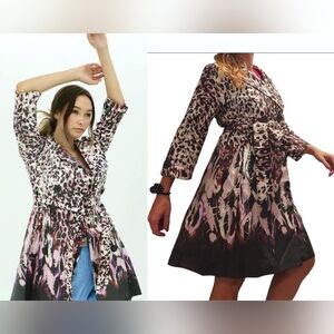 Vertigo Paris Women Dripping Cheetah Double Breasted Jacket Belted Trench Coat M